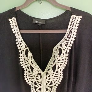 AB Studio Black Blouse, white lace embroidery, short sleeve